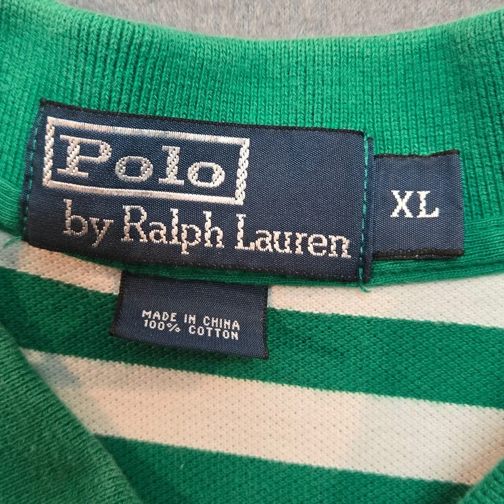 Polo Ralph Lauren Mens XL Green White Striped Short Sleeve Cotton Polo Shirt‎